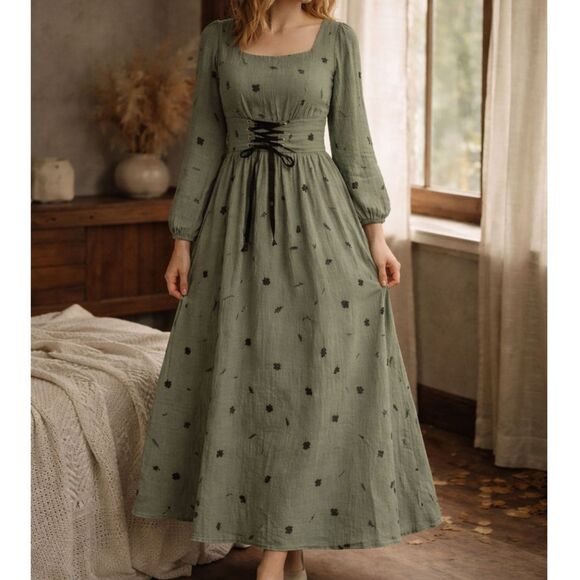 Source Unknown Dresses & Skirts - Sage Green Botanical Maxi Dress Corset Waist Cottagecore Small